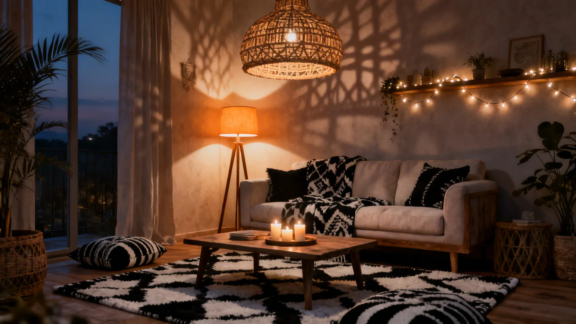 Layered warm lighting with pendant, floor lamp and string lights in a black-and-white boho living room