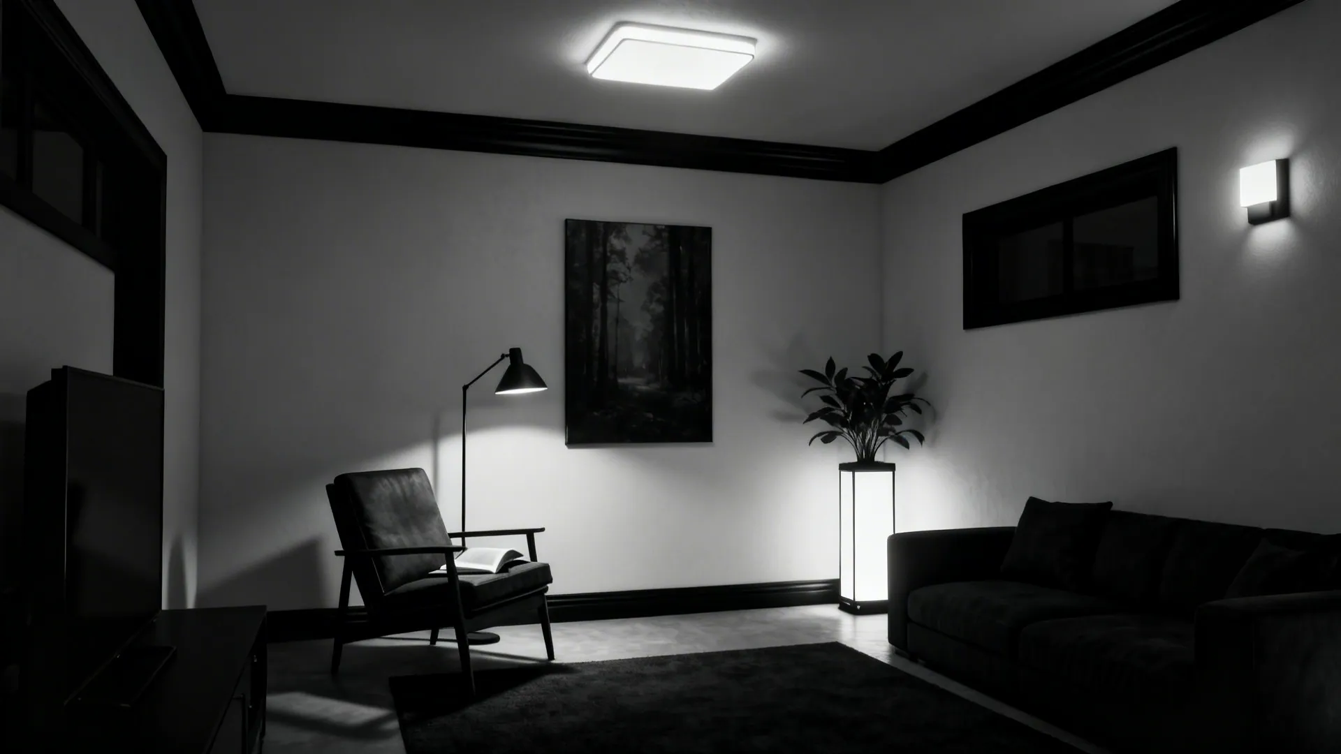 Cinematic monochrome living room at night with ambient, task, and accent lighting and sculpted shadows.