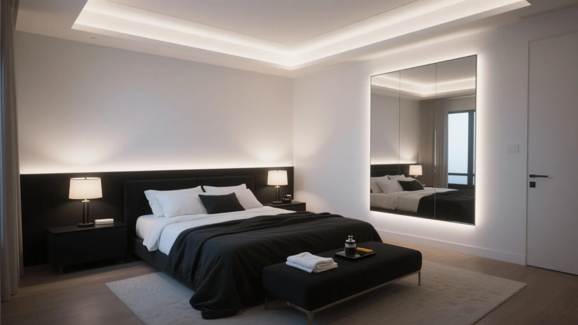 Modern bedroom featuring black bed with white sheets large lighted mirror and warm ceiling lights