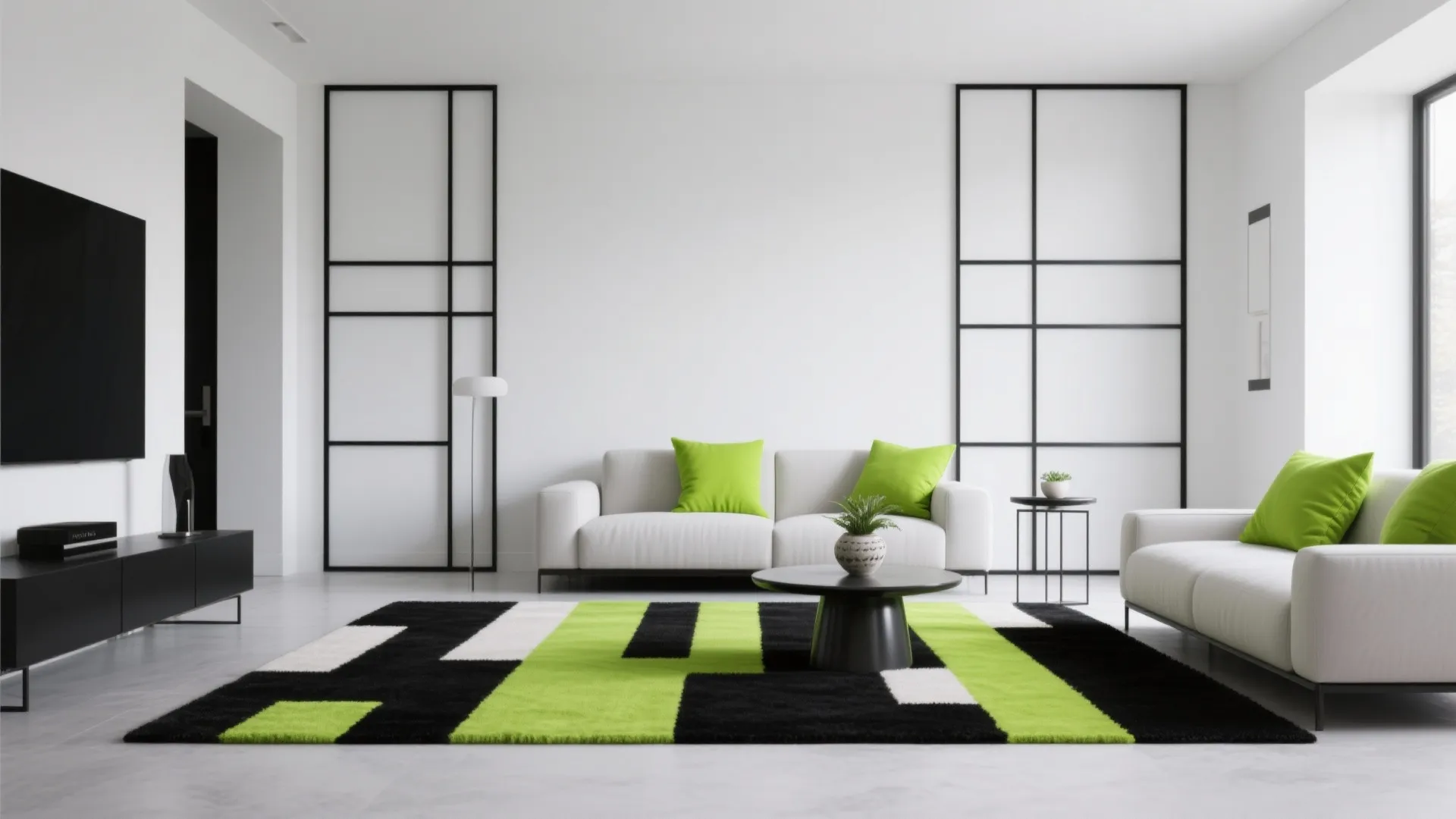 Modern black-and-white living room with lime pops in pillows, a side table, and a planter under soft daylight.
