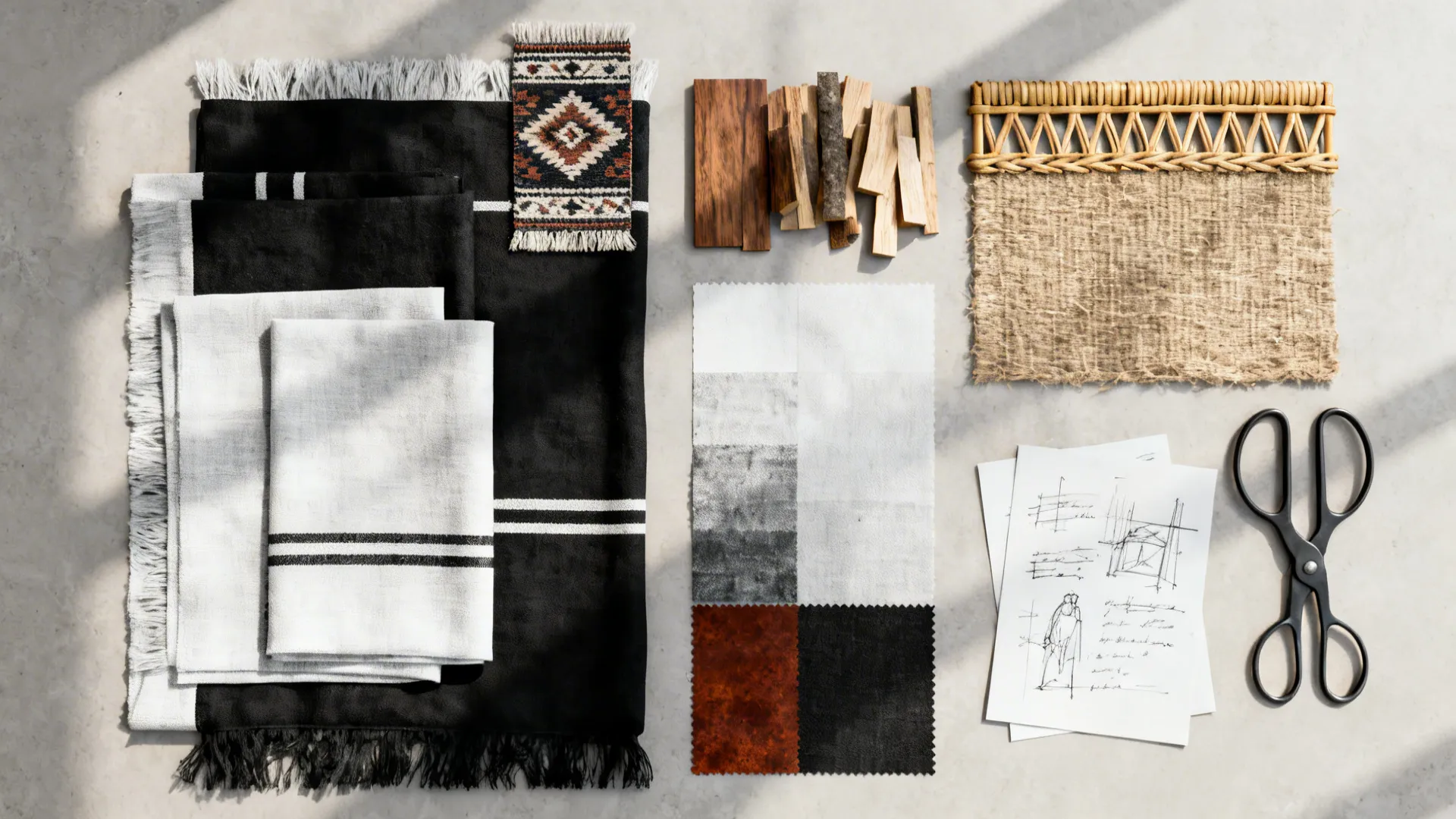 Top-down flatlay of fabric and material swatches for a black-and-white boho mood board