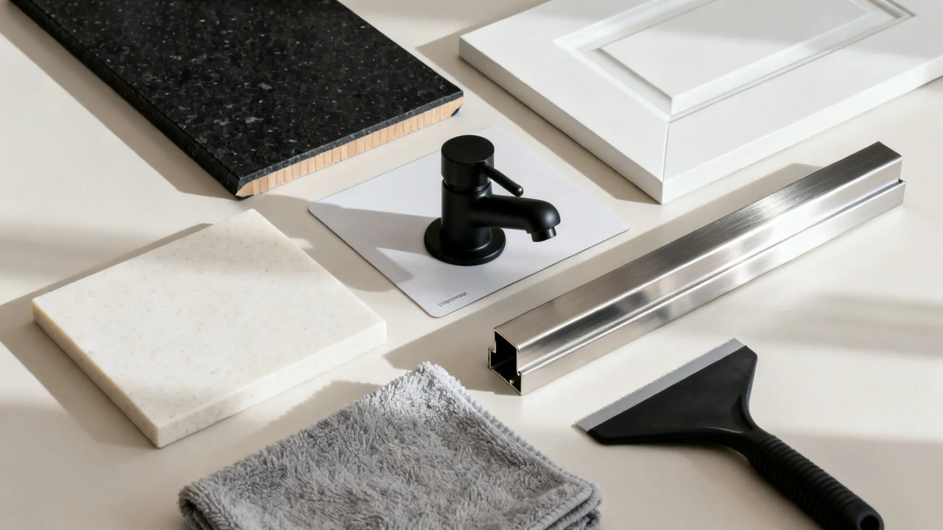 Flat lay of honed black quartz, white slab front, matte black faucet, and hardware for a modern kitchen.