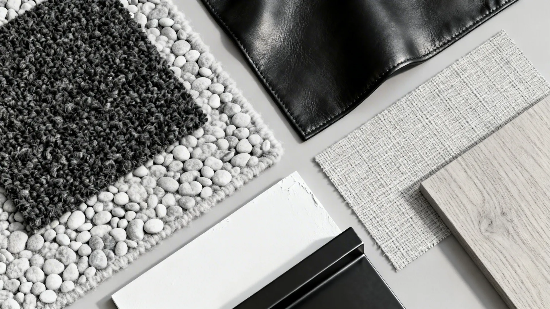 Top-down flat lay of monochrome materials including boucle, wool, leather, linen, and matte finishes.