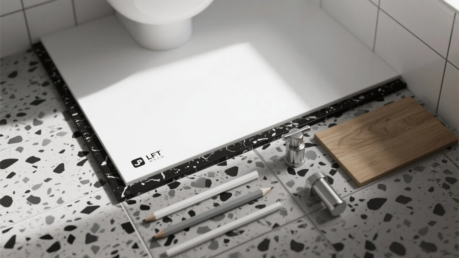 Large-format white walls with black terrazzo floor