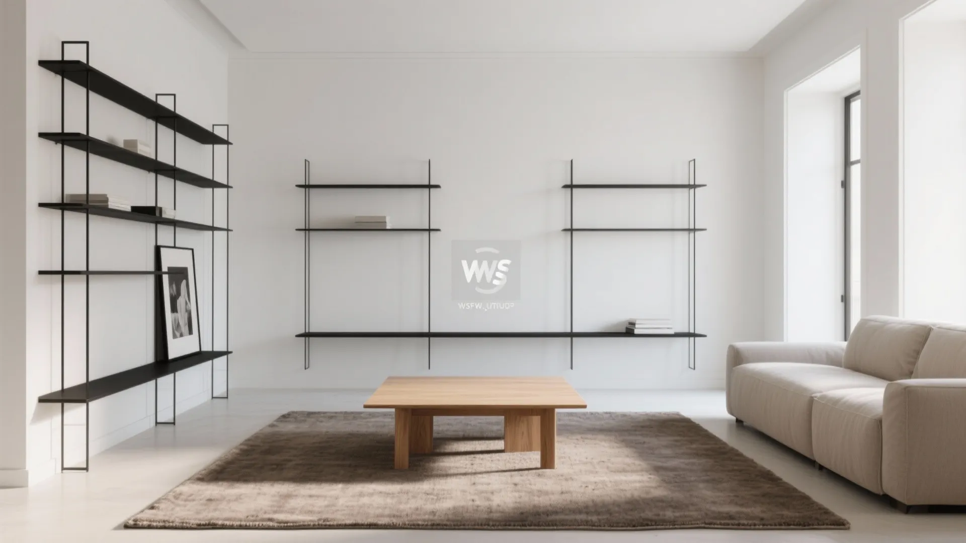 Minimalist white living room with black wall shelves wooden coffee table brown rug and sofa