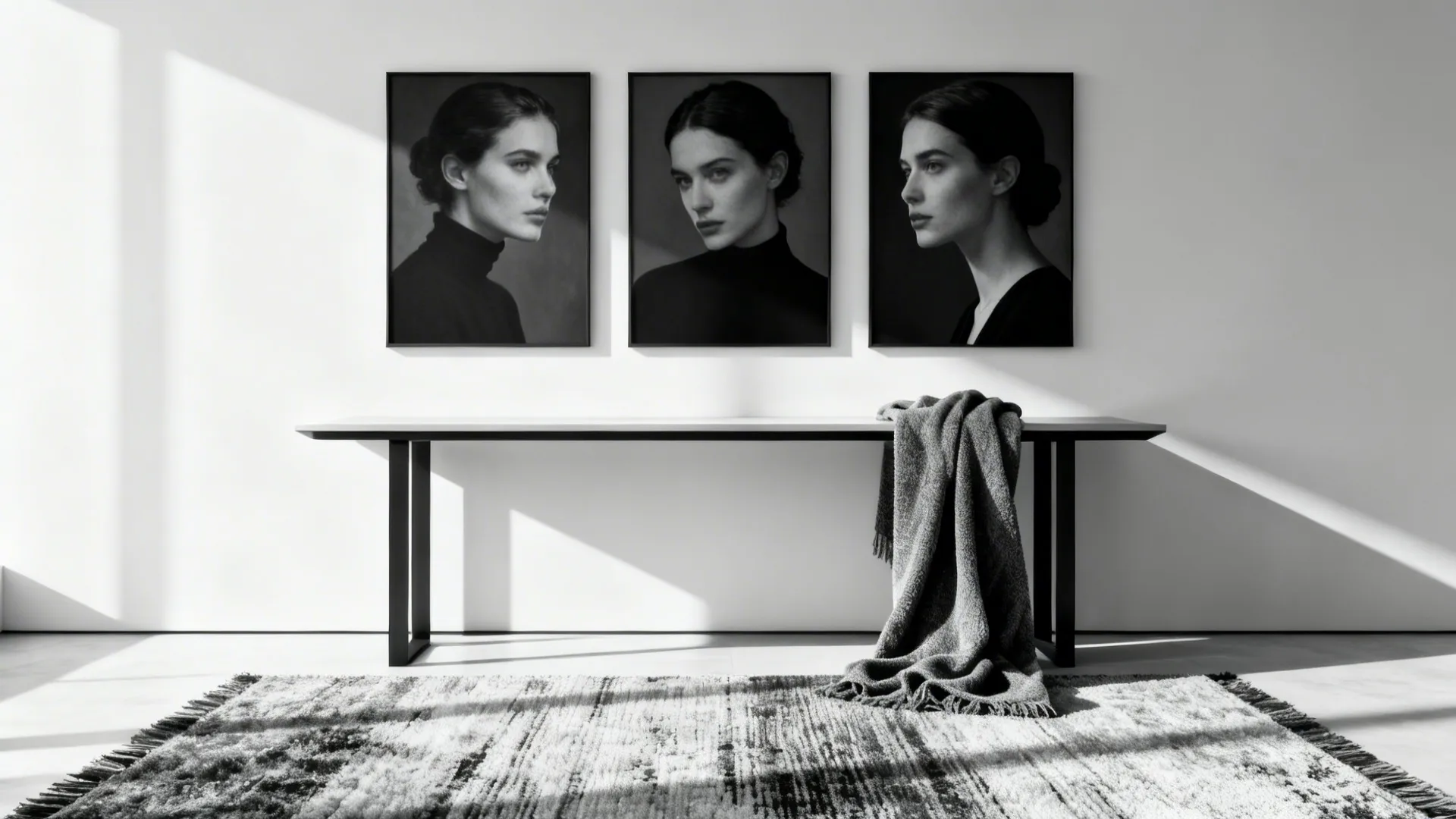 Minimal living room with a trio of black-and-white prints above a clean console and textured rug
