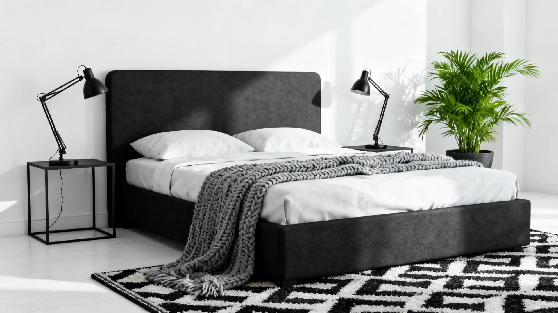 High-contrast modern bedroom with charcoal headboard, white wall, black lamps and a textured blanket.