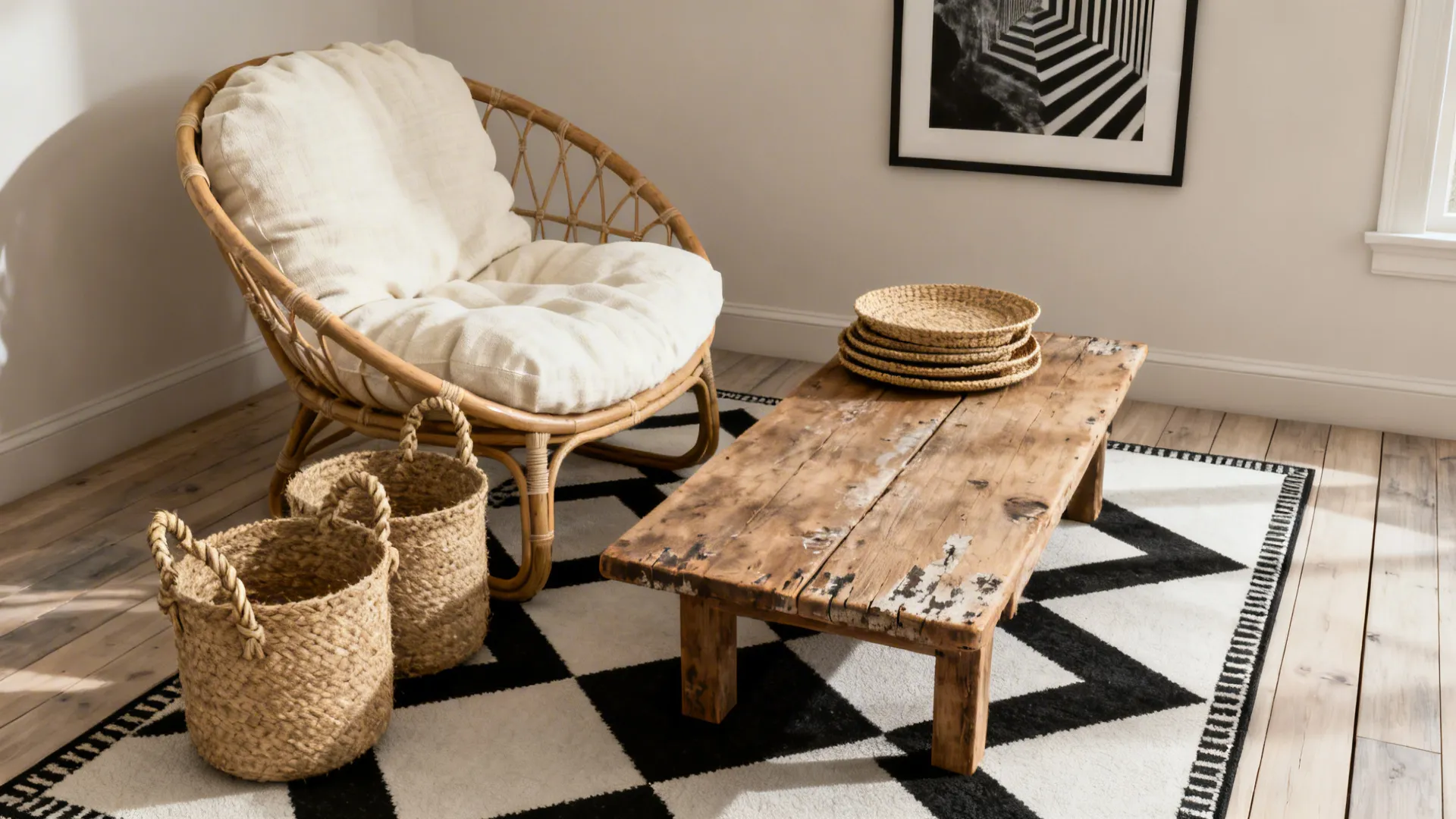 Seating corner with rattan chair, reclaimed wood table and jute baskets softening a monochrome palette