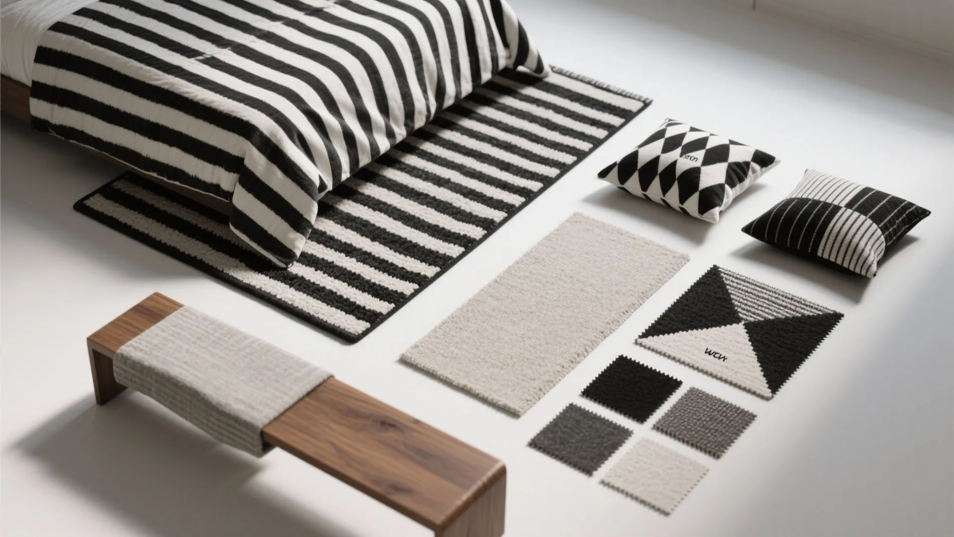 Black and white striped bedding set with matching pillows and rug on white floor surface