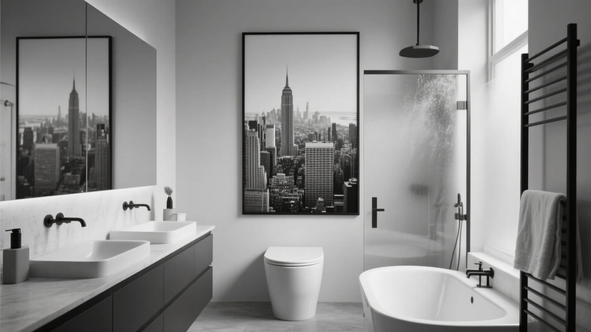 Modern black and white bathroom featuring a city skyline wall art above a white toilet