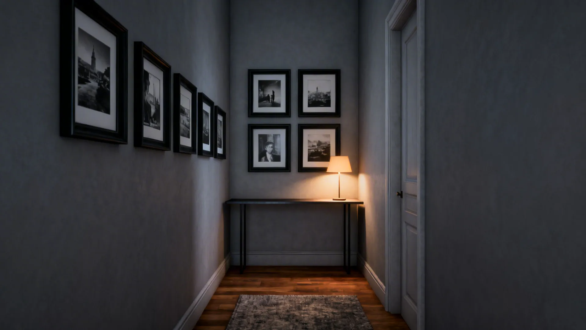 Narrow living room with black-framed monochrome photos on a grey wall and warm wood accents.