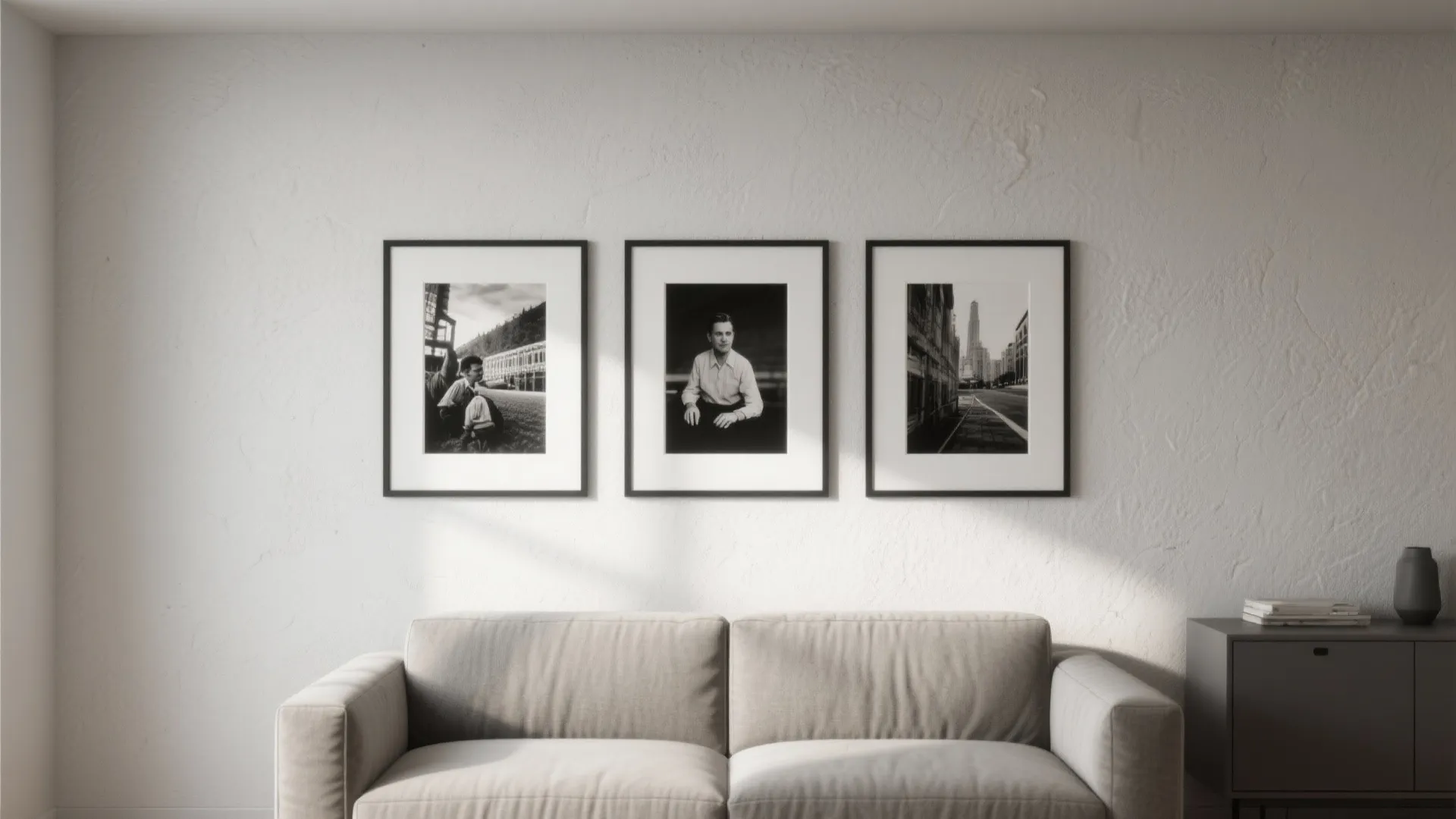 Modern living room with beige sofa and three black and white framed photos on white wall
