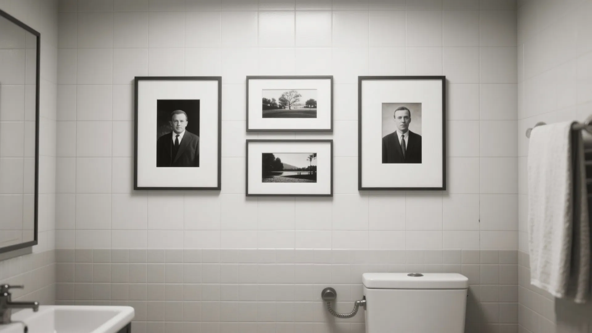 White tiled bathroom wall featuring four black and white framed photos above a white toilet