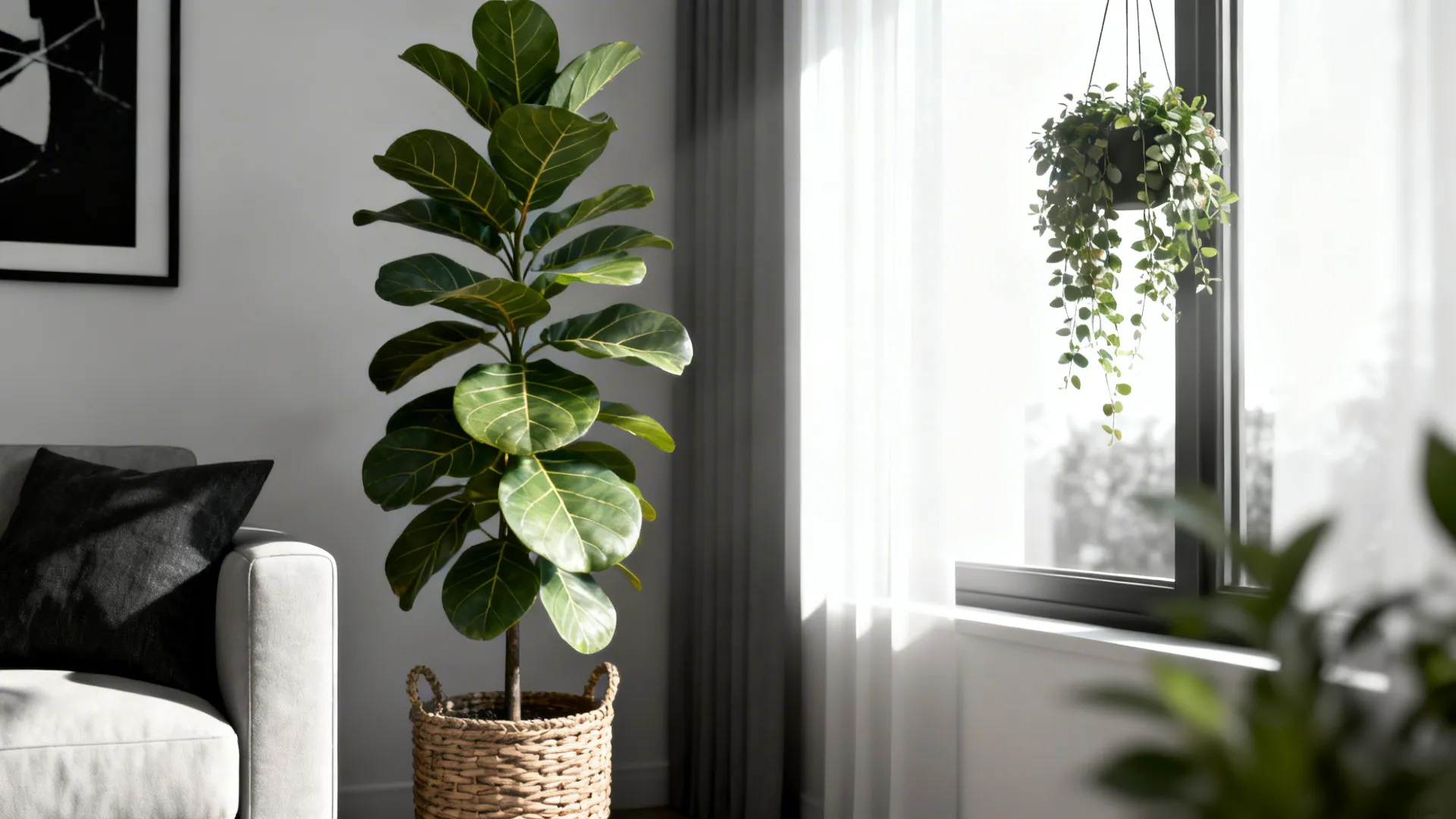 Tall fiddle-leaf fig and hanging plants adding a living accent to a black-and-white living room