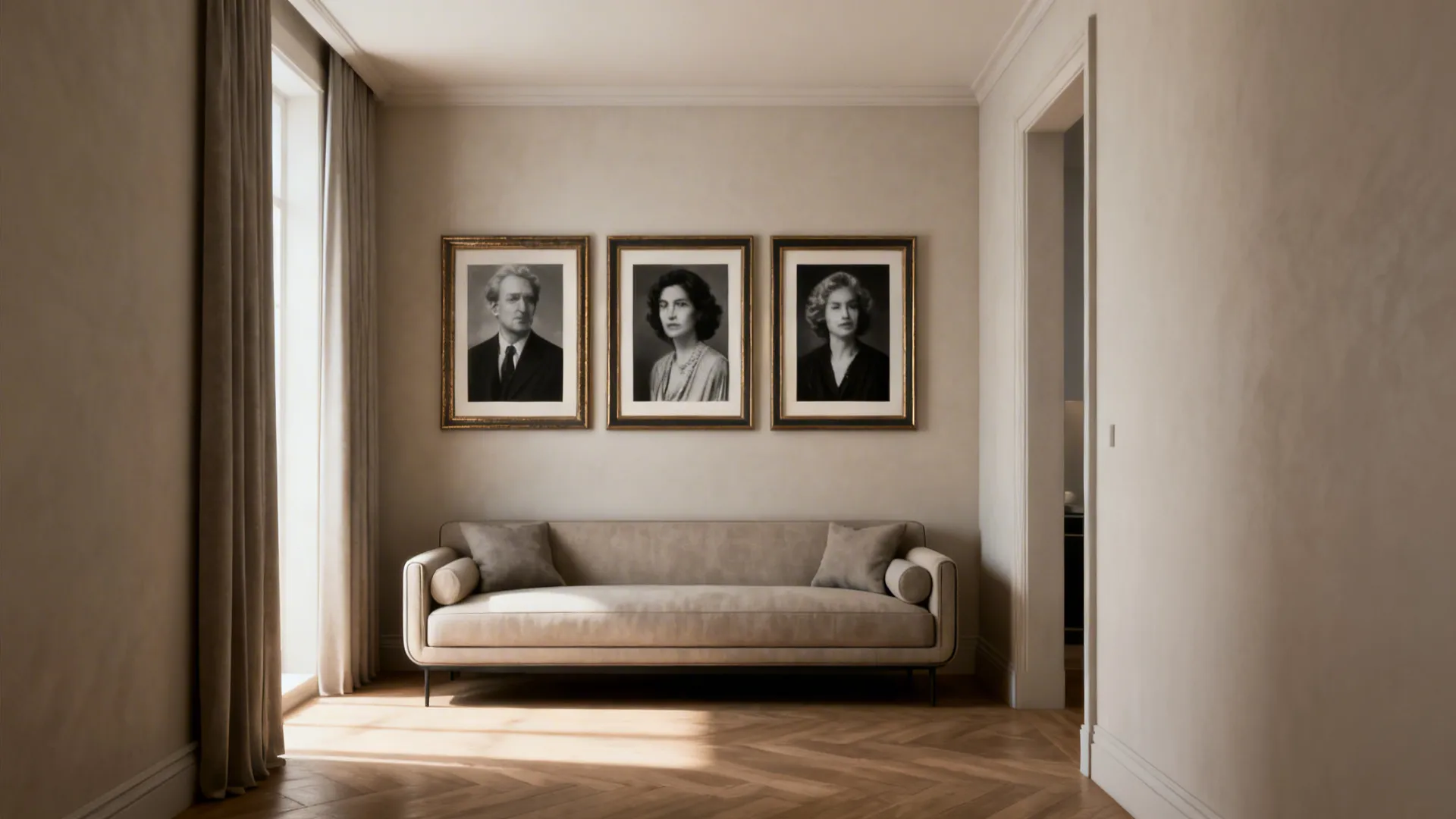 Narrow living room with three black-and-white portraits arranged above a sofa for classic elegance.
