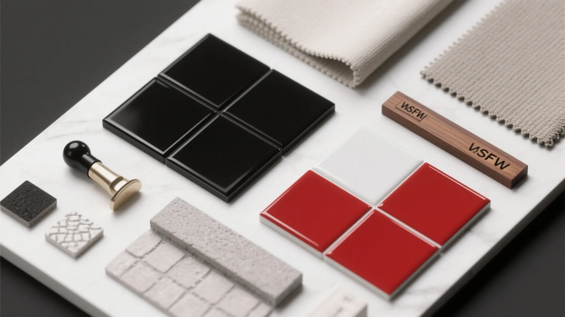 Interior design material board with black and red tiles plus fabric samples and wood piece