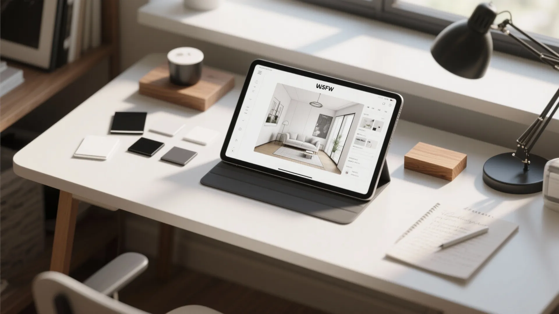 Tablet on a white desk displaying an interior design drawing of a modern living room