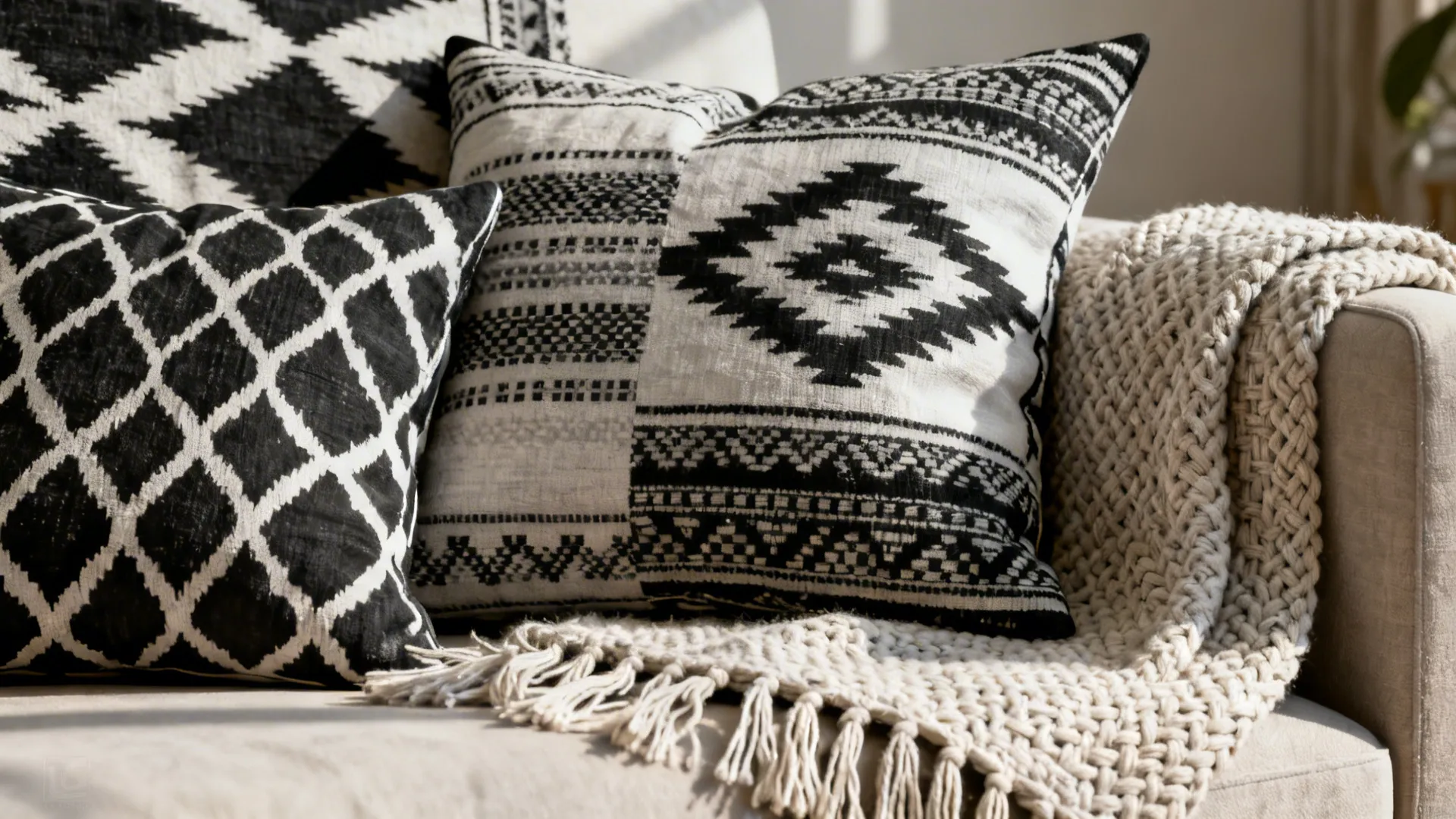 Close-up of black-and-white patterned pillows and fringed throw showing boho textures