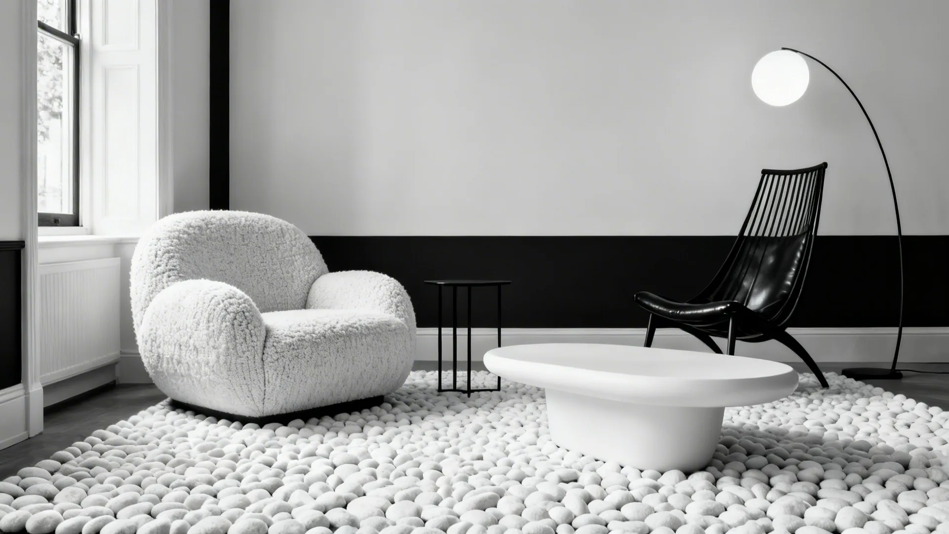 Boucle lounge chair, pebble wool rug, and a black leather sling chair create tactile monochrome warmth.