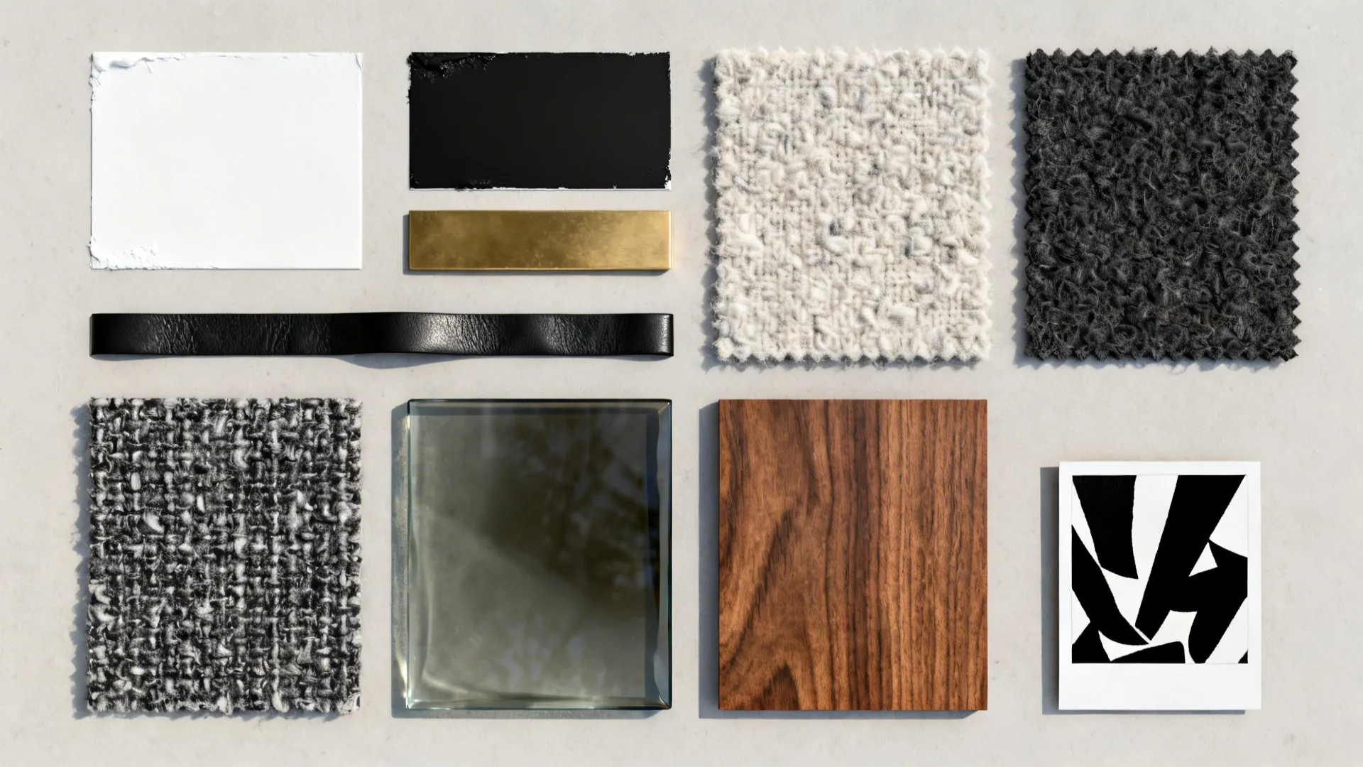 Flat lay of monochrome design toolkit with paint chips, fabric swatches, metals, glass, and wood.