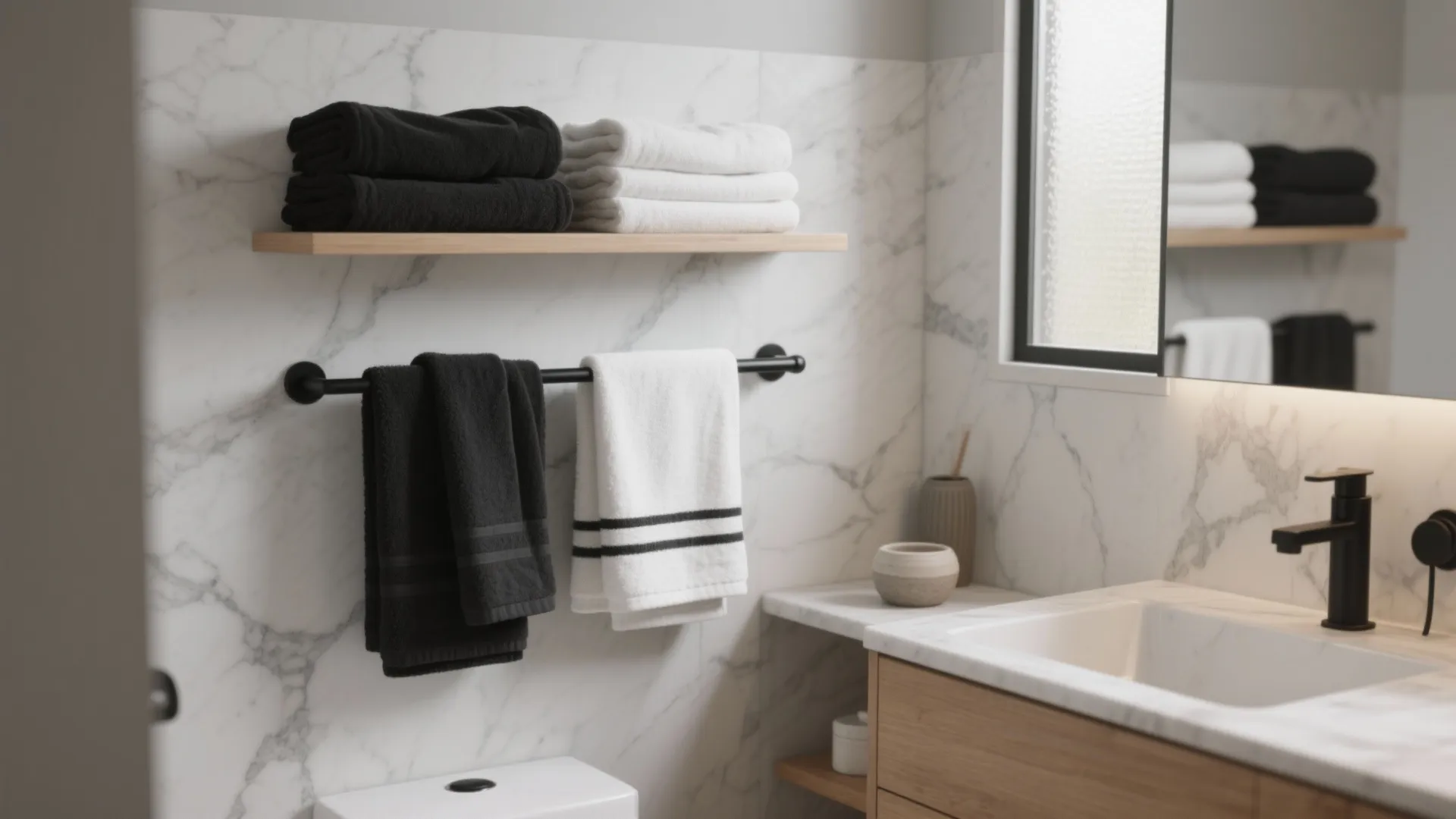 Modern bathroom with white marble walls featuring folded black and white towels on wooden shelf