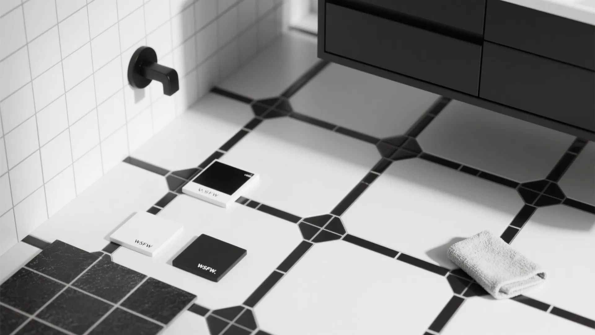 Top-down material layout of black-and-white floor tile, black grout, a black vanity swatch and hardware.