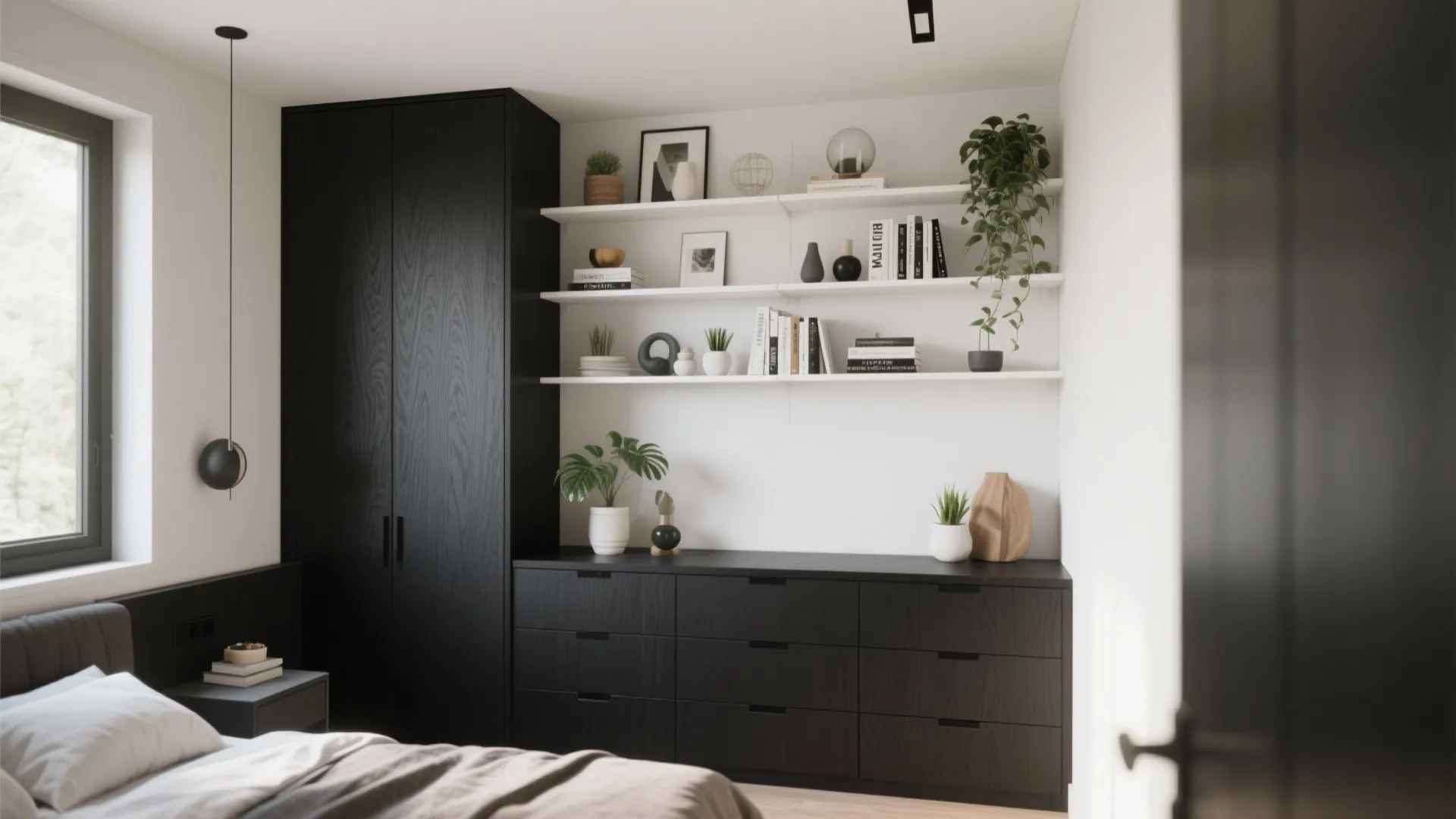 Modern bedroom featuring a black wooden cabinet, white wall shelves, and dark storage drawers interior