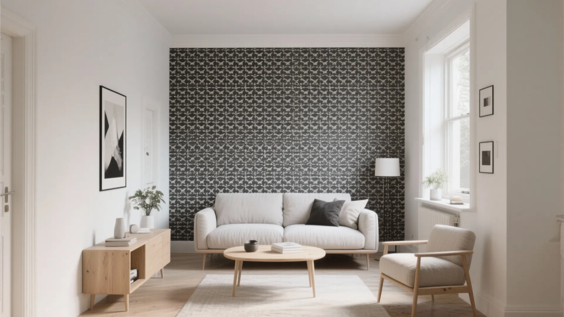 Minimalist living room with patterned wallpaper white sofa wooden coffee table floor light and wall art