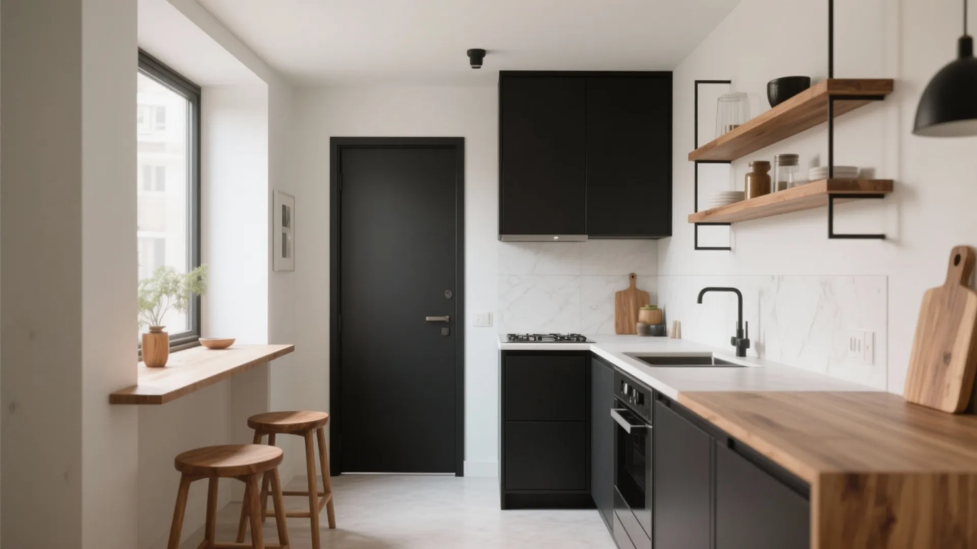 Compact kitchen with off-white walls, soft black cabinets or door, warm oak shelves, and maple stools in soft daylight.