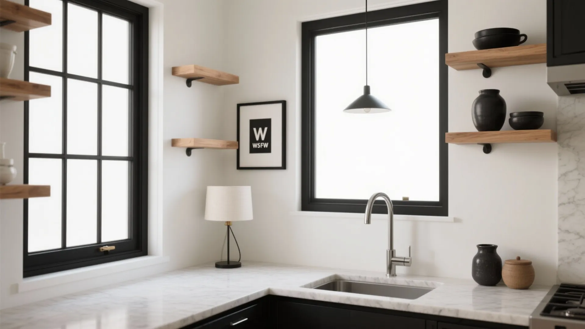 Modern kitchen with black windows marble countertop wooden wall shelves sink and small table lamp