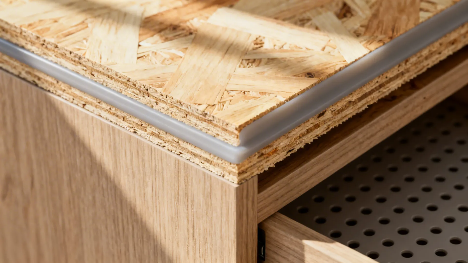 Macro of BWP plywood carcass with ABS edge-banding and perforated drawer base.
