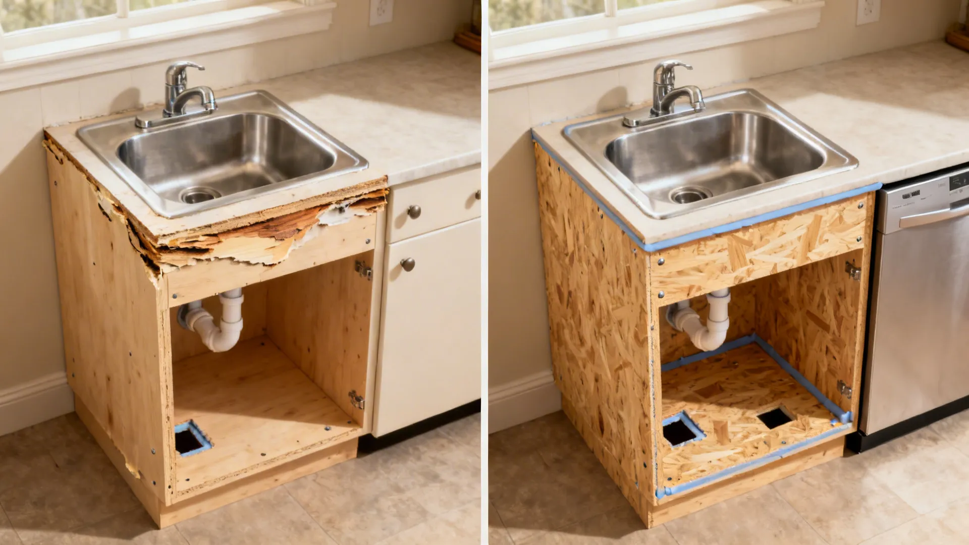 Before-and-after sink base showing MR swelling versus BWP plywood holding up near wet areas.