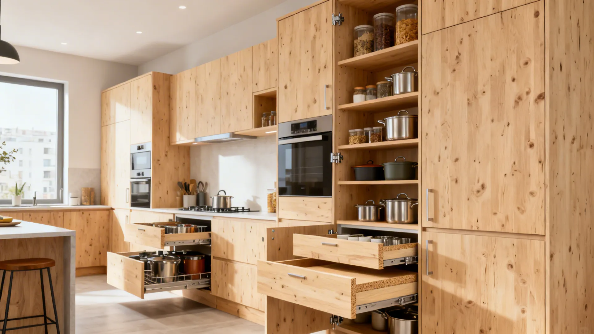 Modern light wood kitchen showing open cabinets and drawers filled with pots jars and pans