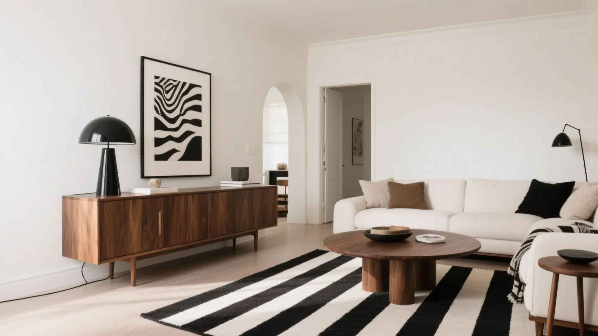 4) Black, White, and Wood (Graphic but Cozy)