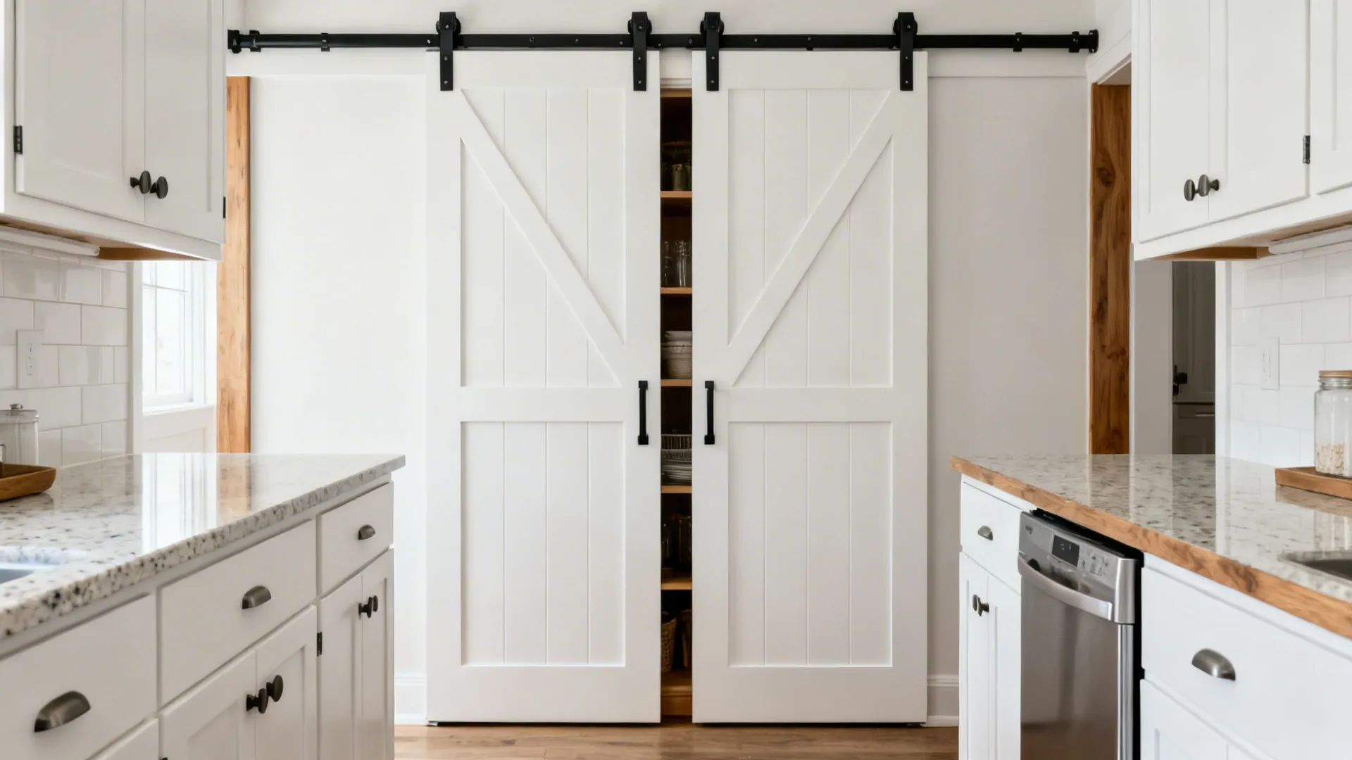 Two-panel bypass barn doors in a narrow kitchen keep access flexible without blocking paths.