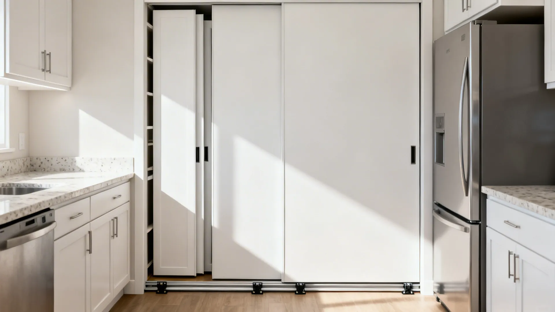 White bypass pantry doors on dual tracks free up aisle space in a galley kitchen.