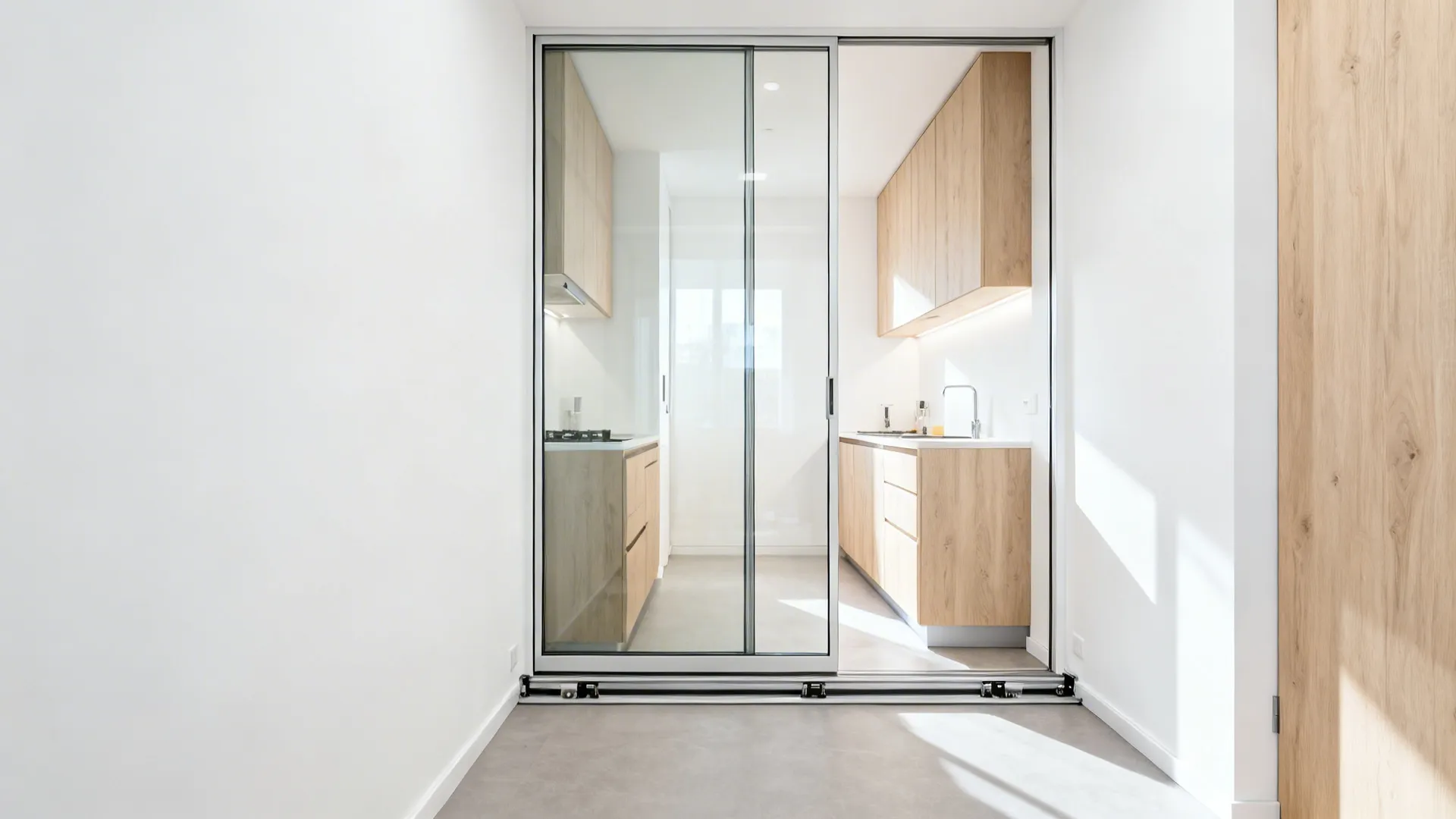 View through glass sliding door into modern kitchen with light wood cabinets and white walls