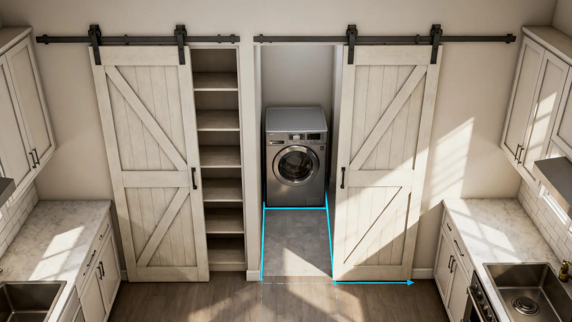 Top-down view of a galley kitchen with bypass barn doors preserving dishwasher clearance.