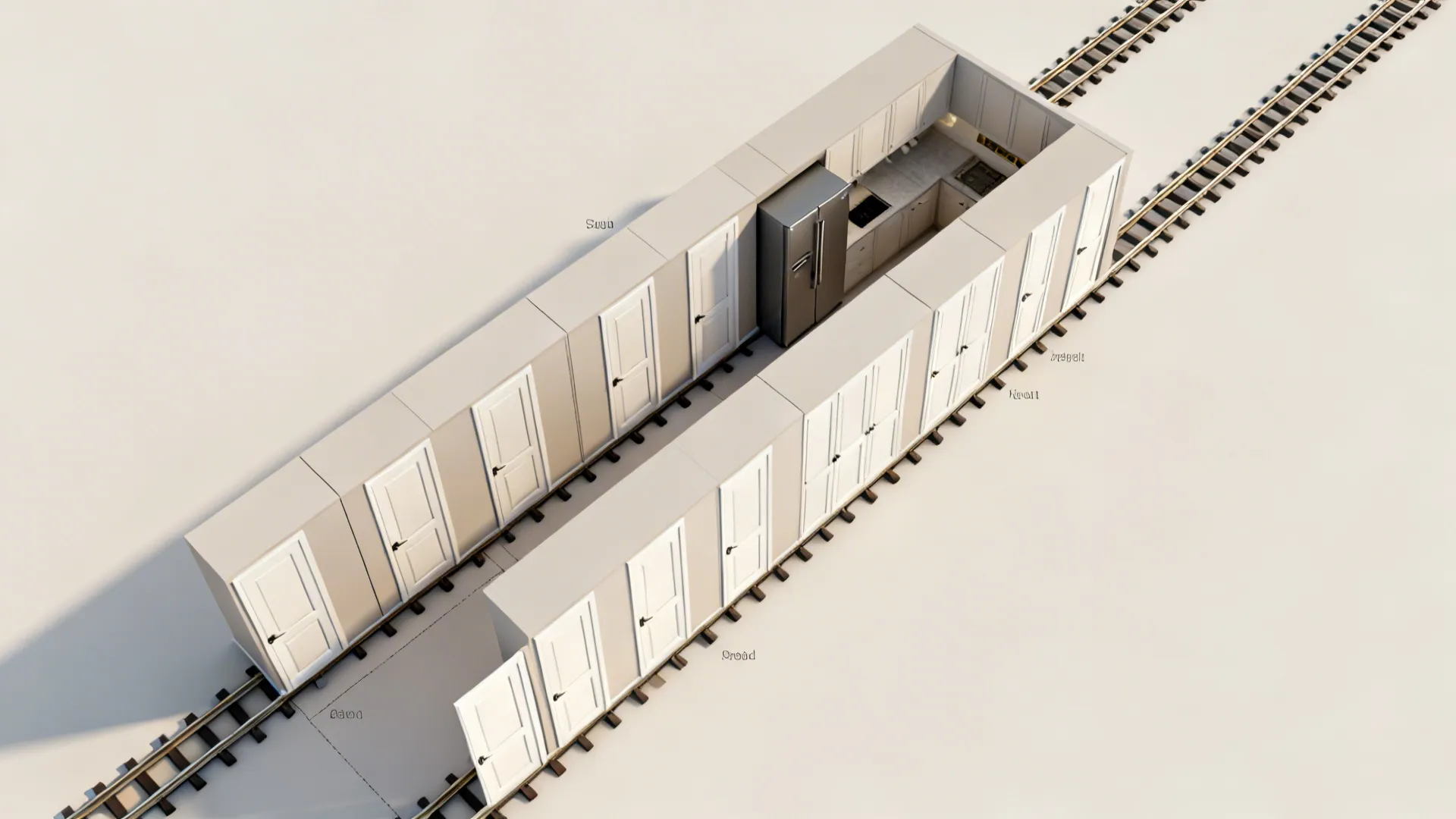 Top-down view of a galley kitchen showing bypass pantry doors stacking to preserve clearance.