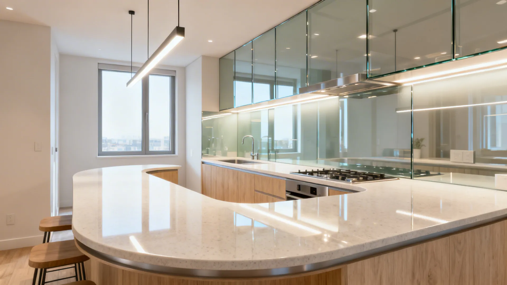 4) Light-Reflecting C-Shape with Glass Backsplash and Slim Pendants
