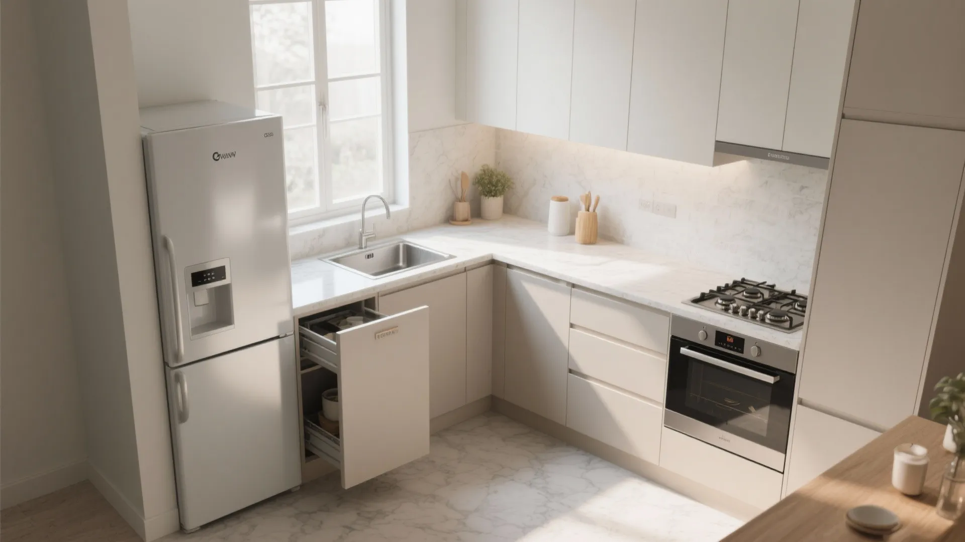 Compact white kitchen with marble countertop fridge oven gas stove open drawer and natural light