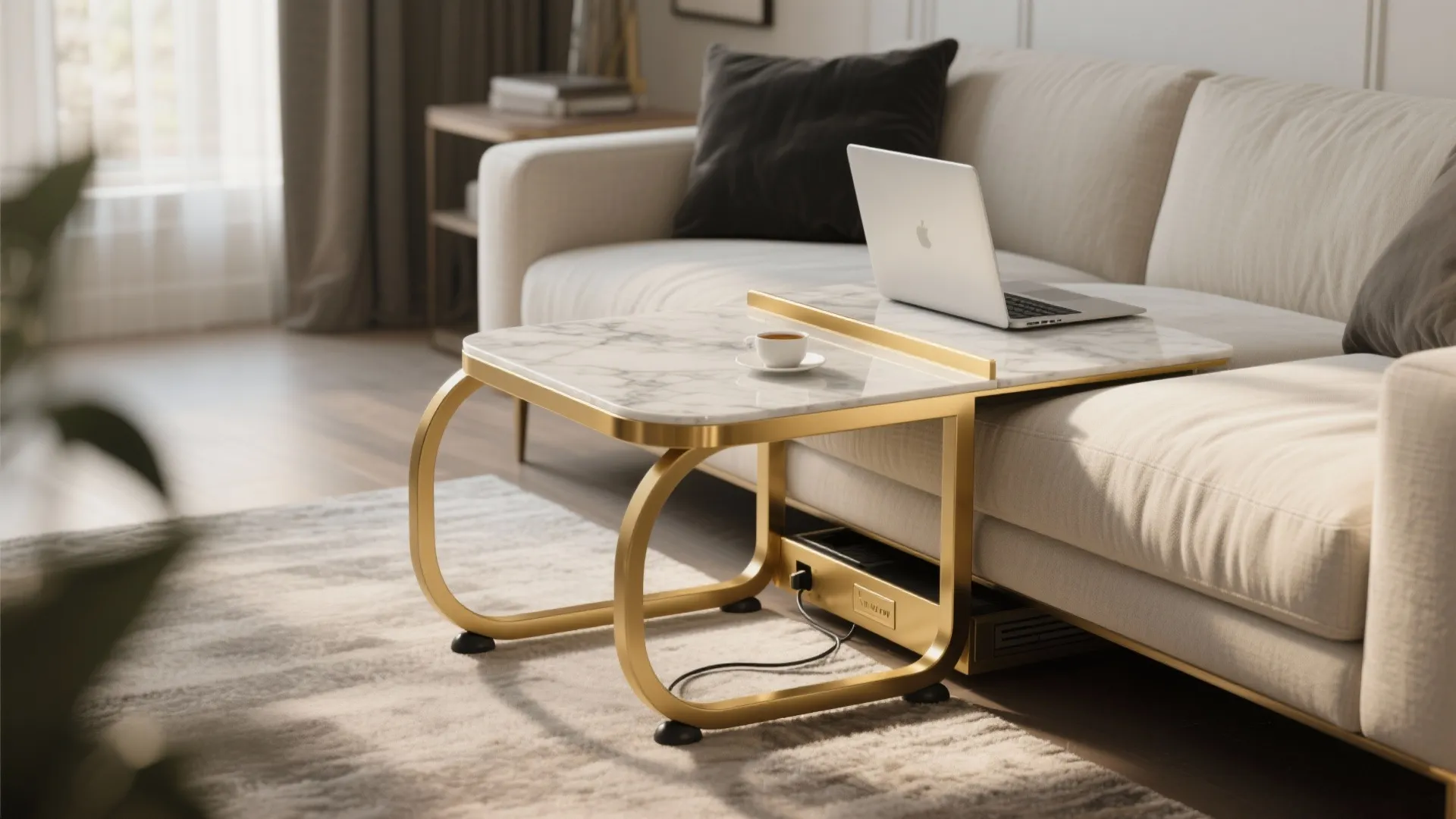 C-shaped small gold side table sliding under a sofa arm for laptop use in a narrow living room