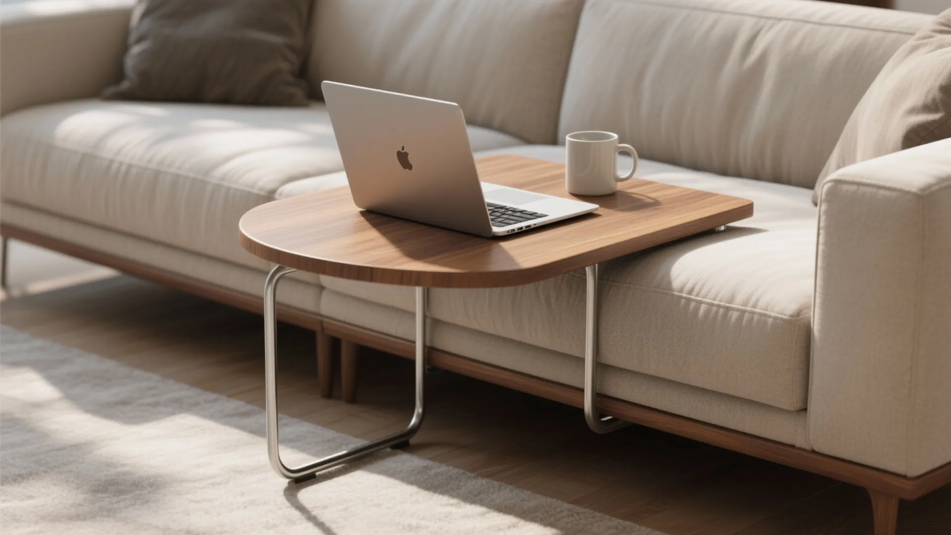 Wooden side table with laptop and white mug tucked under a beige sofa in sunlight