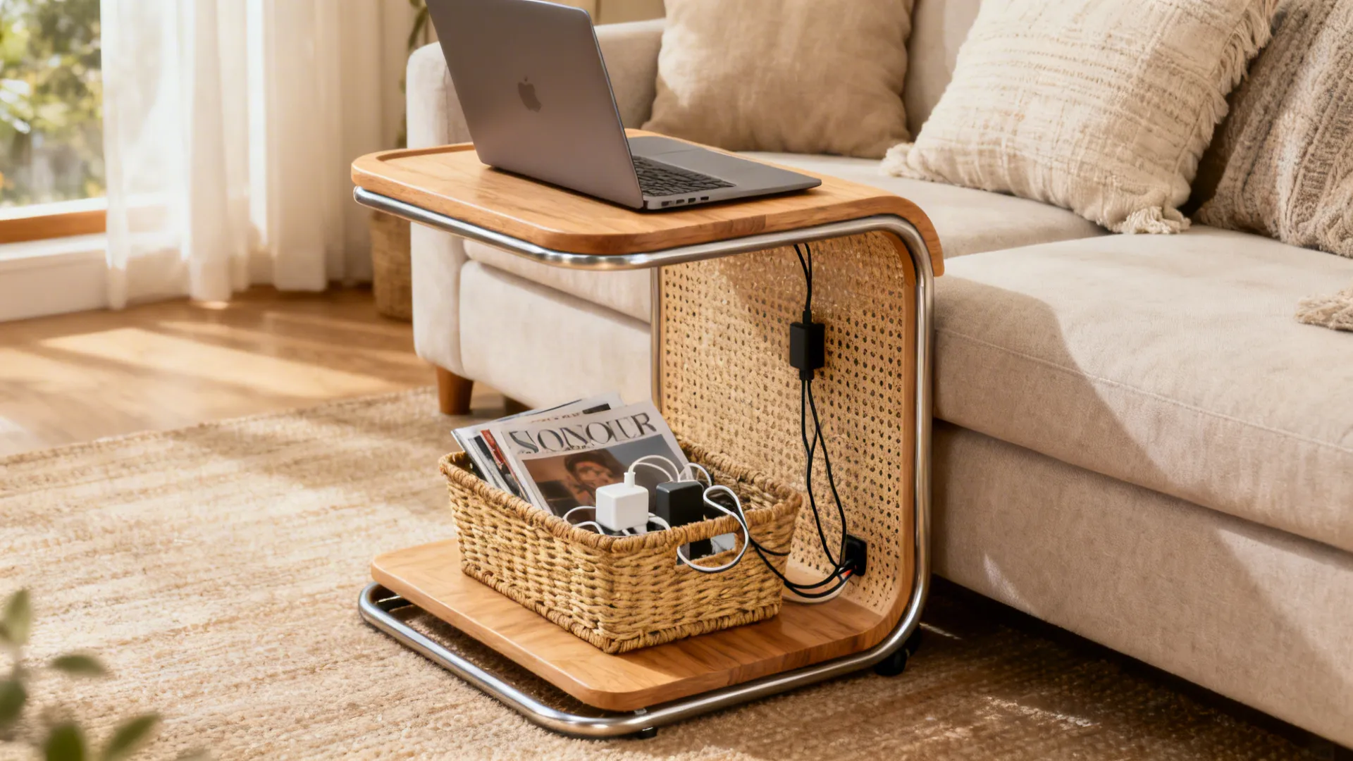 C-shaped side table next to a sofa with a woven basket on the lower shelf holding magazines
