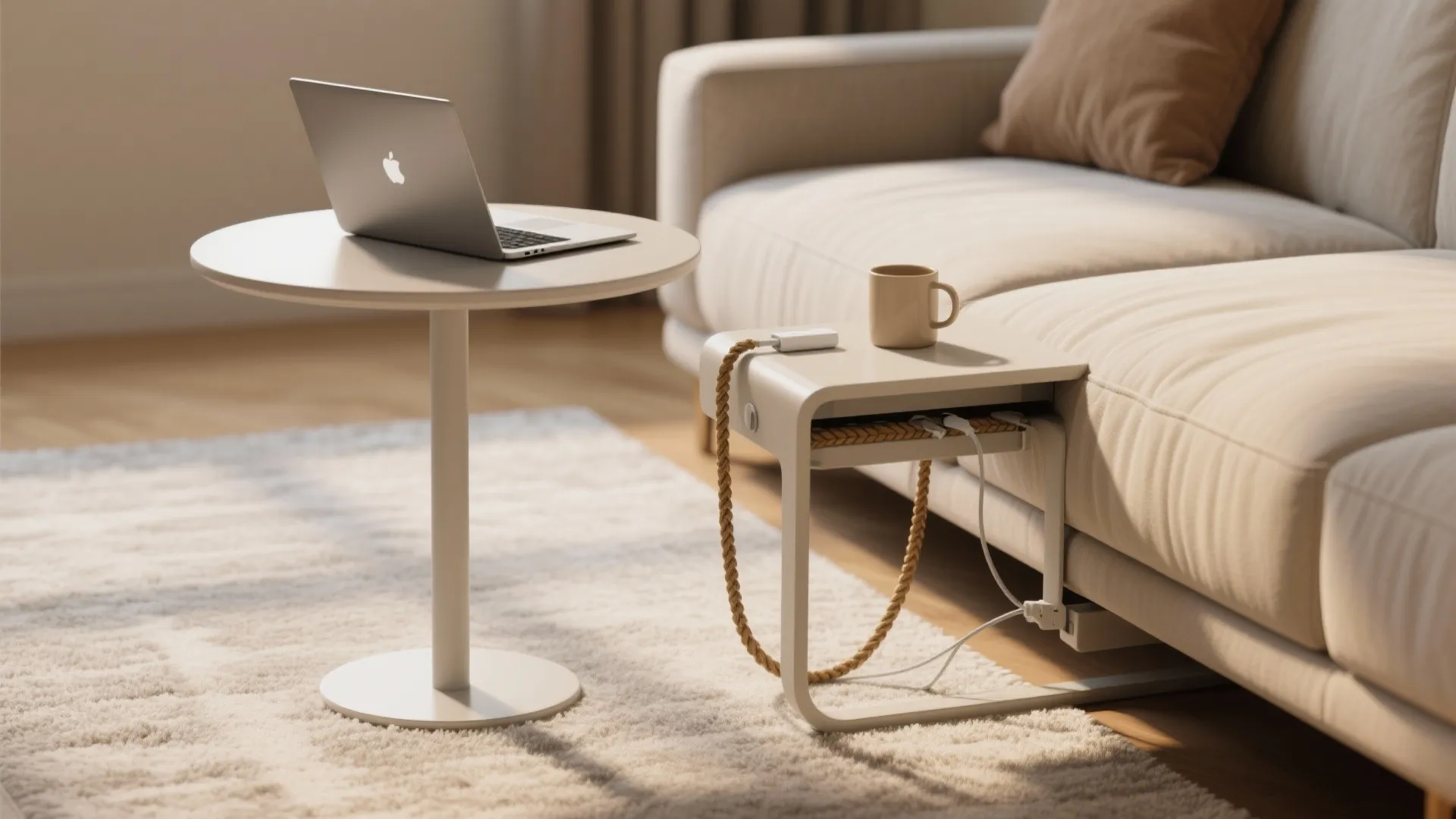 C-shaped or pedestal rounds that tuck under sofas