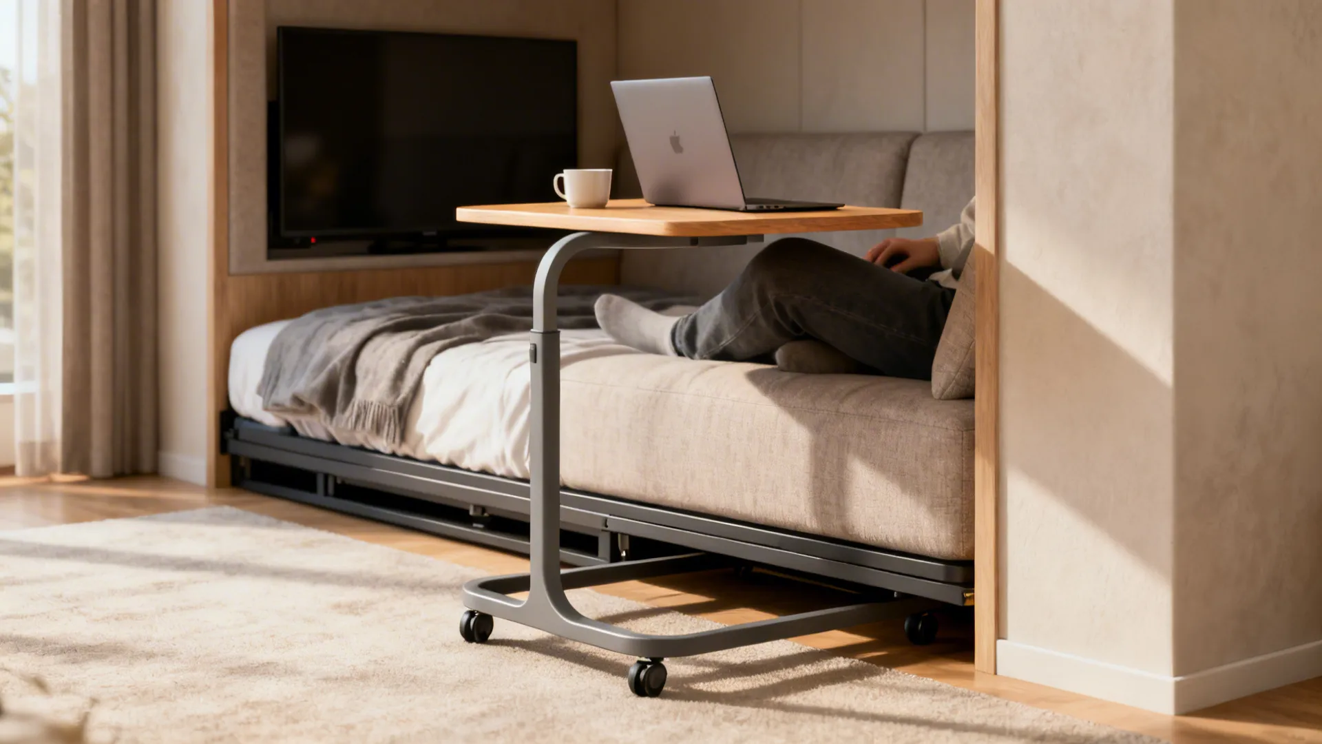 C-shaped rolling table slid under a sofa with a laptop and cup on top.
