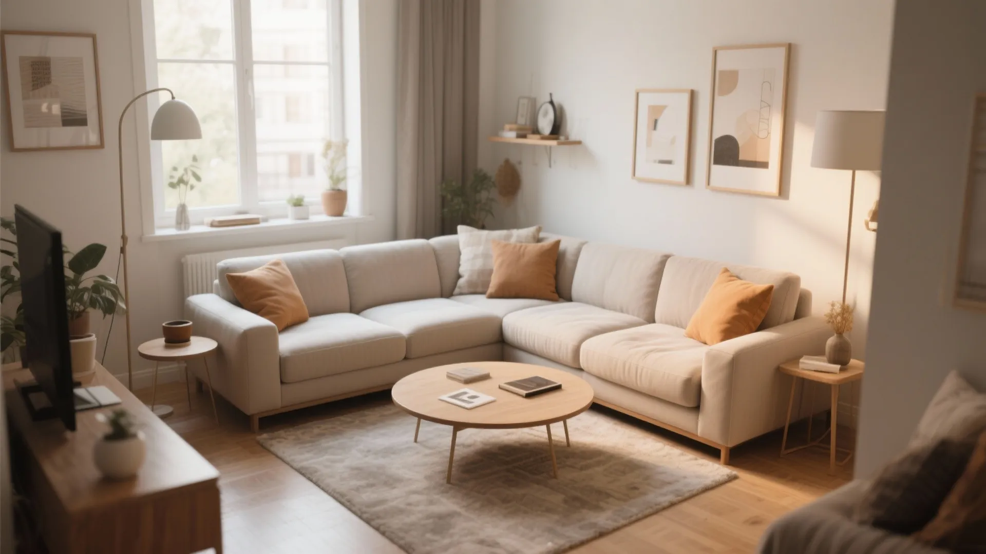 Modern living room featuring a large beige sectional sofa with orange pillows and round wooden table
