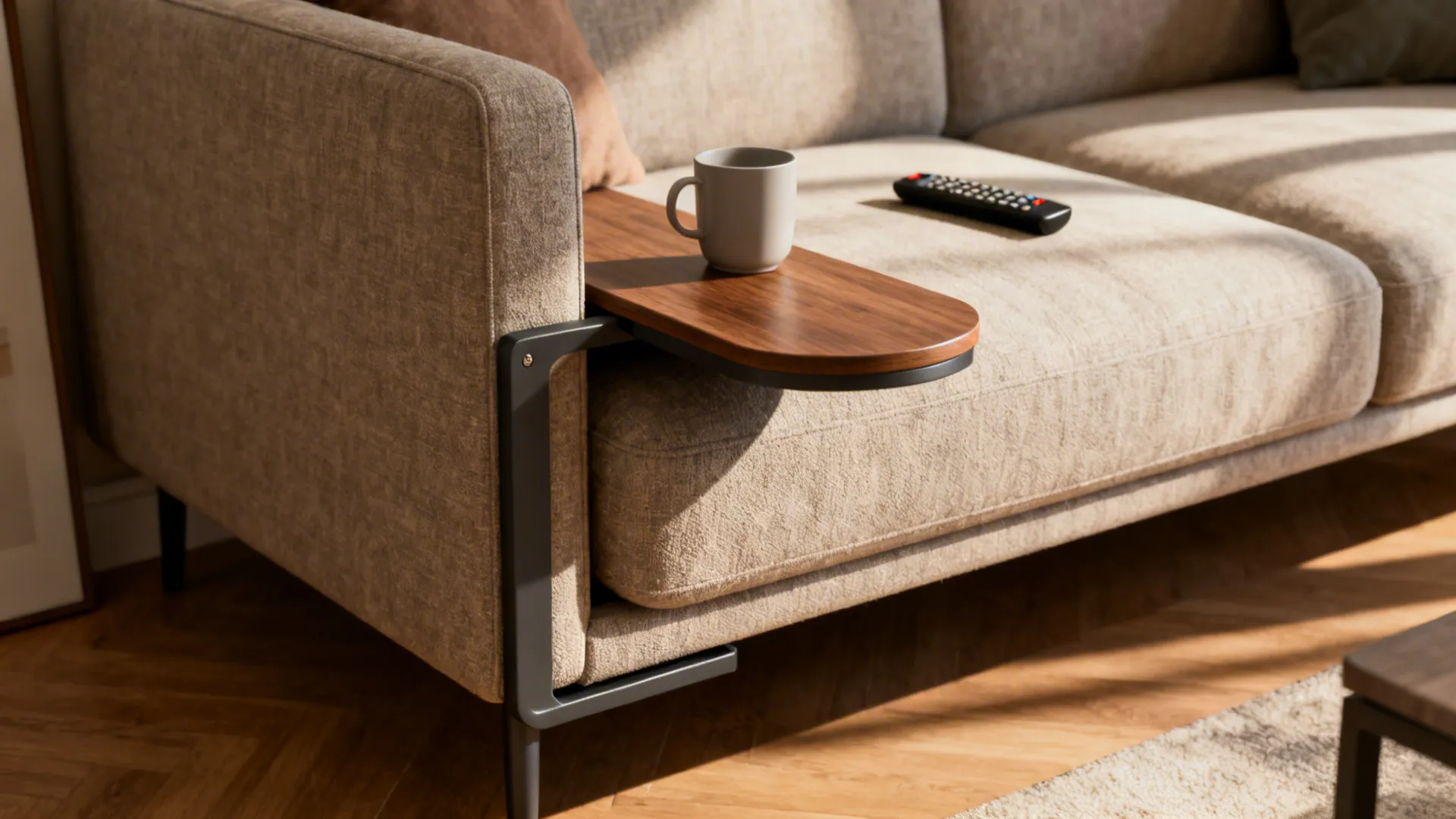 C-shaped side table slid under a sofa arm with a cup and remote within reach