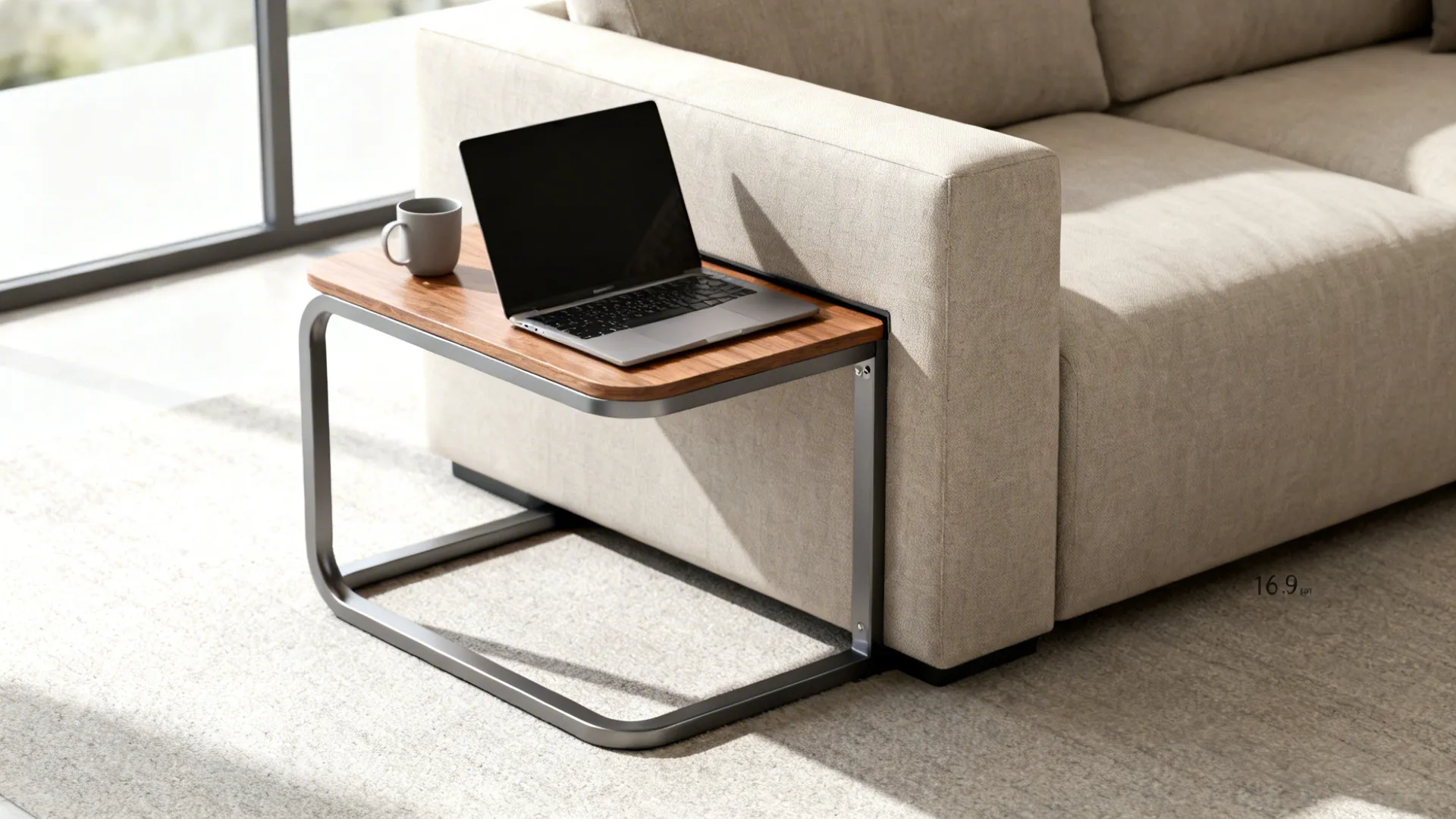 5. C-shaped side table tucked into a sofa corner