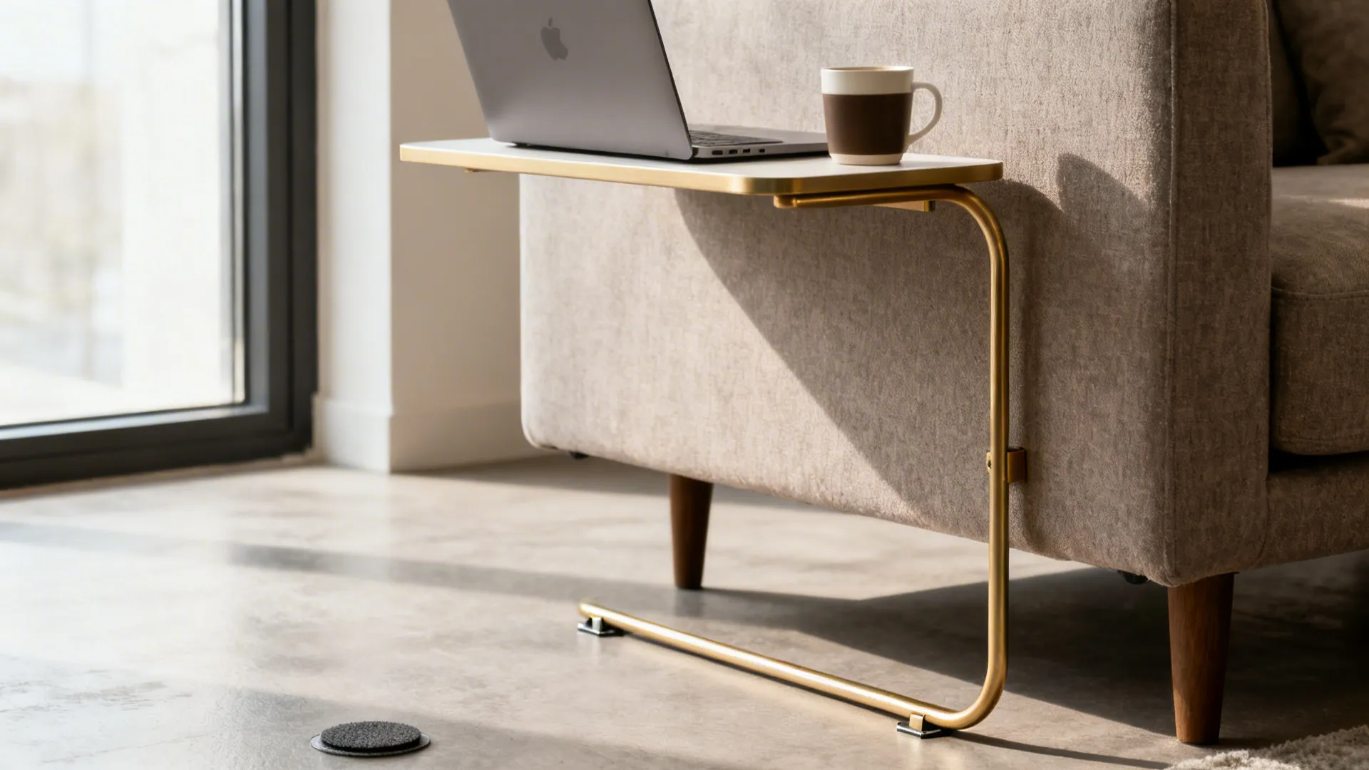 Modern gold C-shaped side table with laptop and coffee mug tucked under a beige sofa